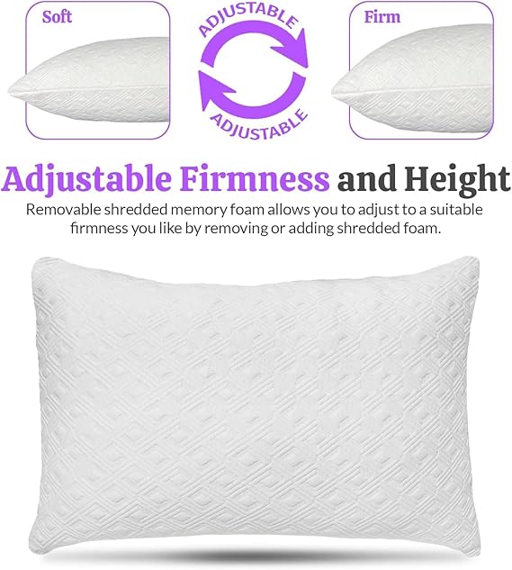 Rayon Derived from Bamboo Pillows, Cooling Shredded Memory Foam Bed Pillows for Sleeping, Adjustable Pillow Sets for Back, Stomach and Side Sleepers, Removable Cover