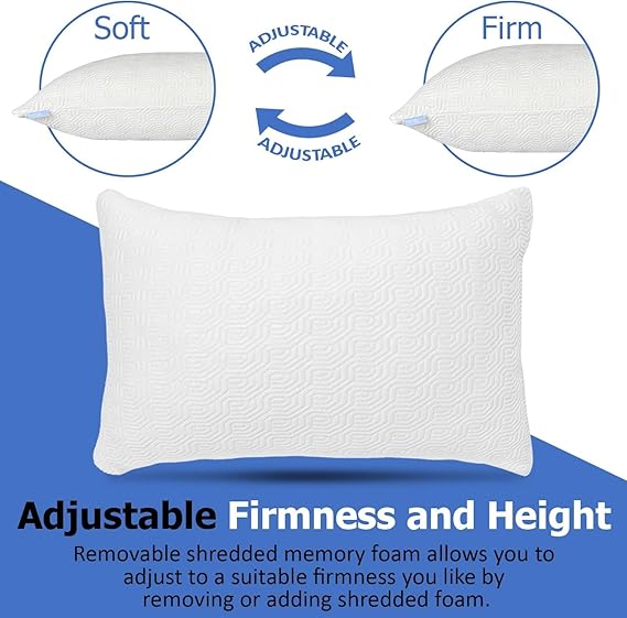 Rayon Derived from Bamboo Pillows for Sleeping, Cooling Shredded Memory Foam Pillow Sets for Back, Side, Stomach Sleepers, Adjustable, Removable Cover