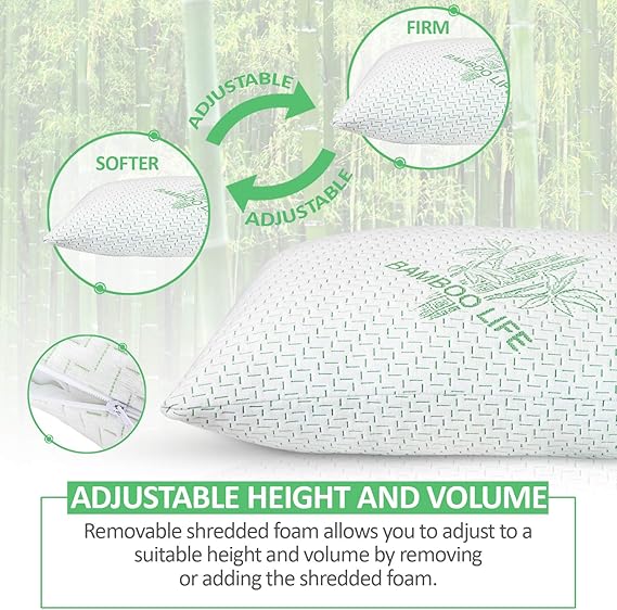 Rayon Derived from Bamboo Pillow, Shredded Memory Foam Bed Pillows Sets for Side, Back, Stomach Sleepers, Washable Cover, Cooling and Adjustable